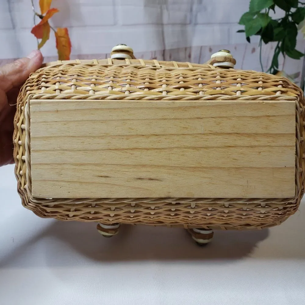 Small Rectangular Rattan Storage Basket w/ Handles Natural Blonde Coastal Decor